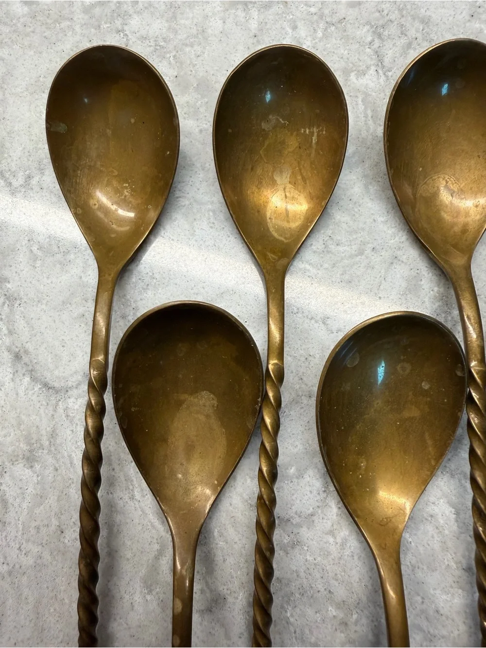 Waldo HE Brass Copper tone finish Cocktail Twist Spiral 8 Spoons Vintage Antique